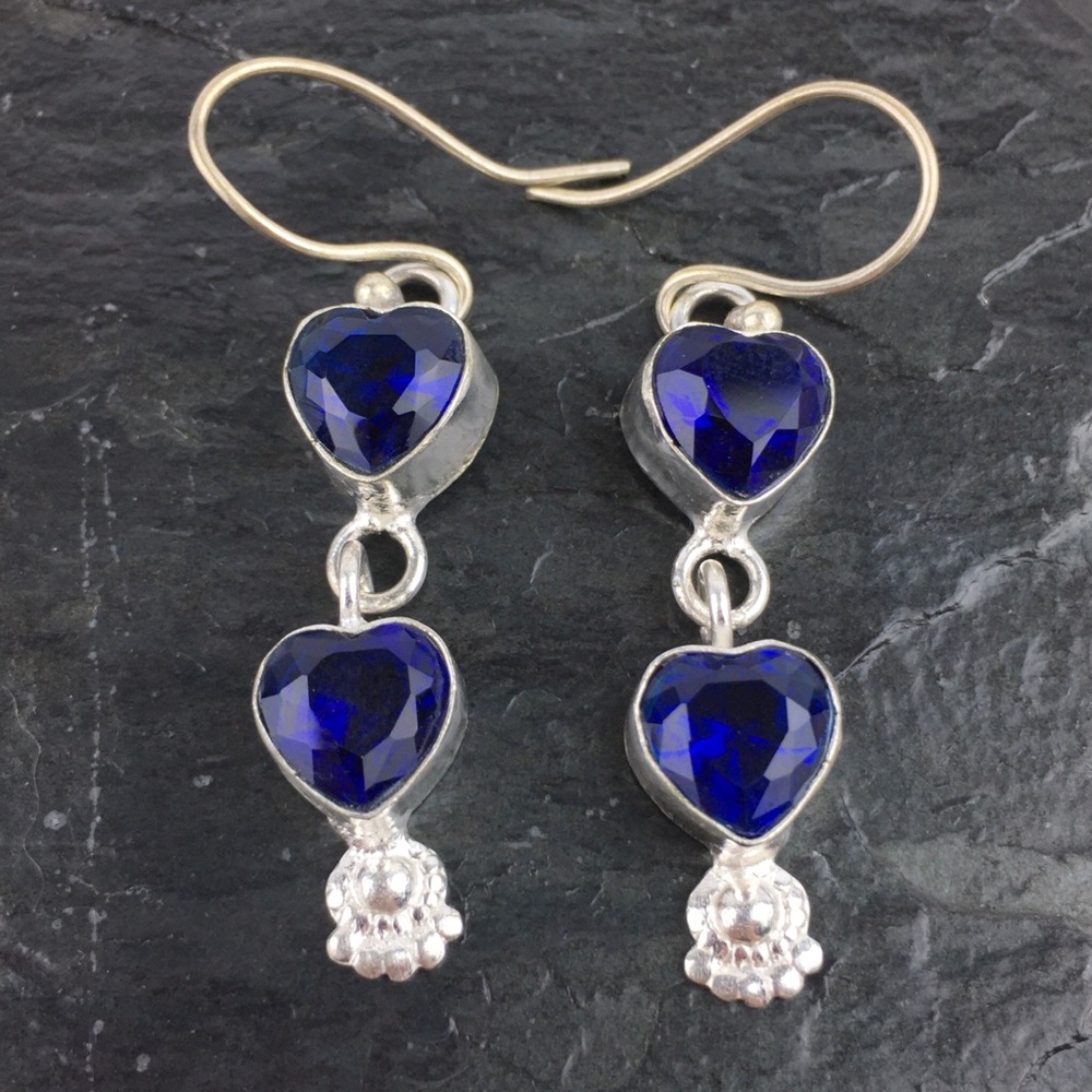 New Sim Blue Sapphire Quartz Heart Silver Hook Dangle Earrings